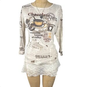 Whimsygoth Newspaper Print Coffee Graphic Long Sleeve Top Sz L Cottegecore